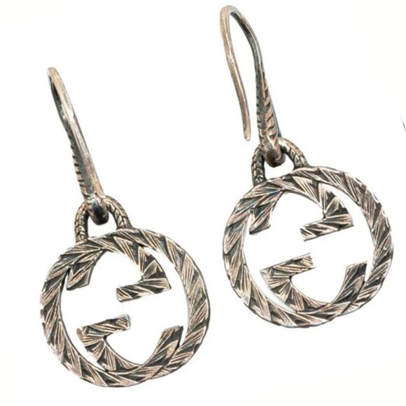 GUCCI Interlocking G Arabesque Hook Dangle Earrings Silver 925 Auth #3905 - Picture 1 of 4